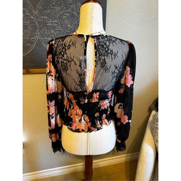 NWOT Free People Daphne Lace Floral Smocked Long Sleeve Black Pink Top Small - Picture 3 of 13